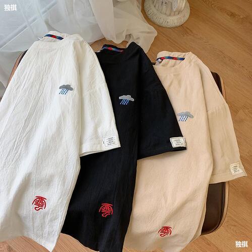 Half-sleeve men's linen T-shirt, cotton-linen short-sleeve, Chinese-style linen material top, loose fit, large size, men's fashion T-shirt