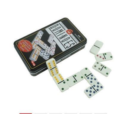 厂家直销现货国际象棋铁盒多米诺骨牌 白色彩点多米诺休闲游戏牌