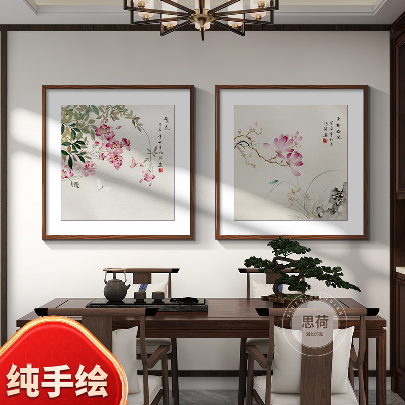 纯手绘平安喜乐装饰画新中式玄关花鸟画餐厅壁画茶室书房方形挂画
