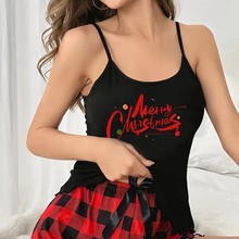 跨境欧美风女士睡衣性感圣诞节印花吊带卷边短裤休闲家居服套装女