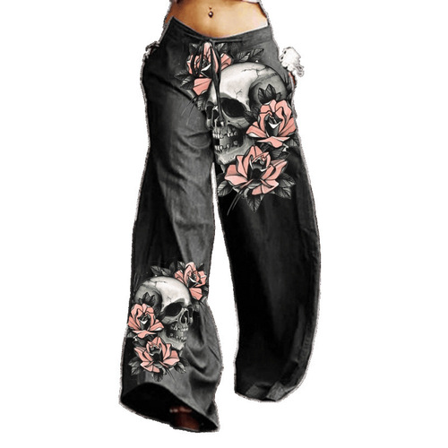 2025 Western and Eastern Halloween Skull Print Women's Casual Pants Wide Leg Pants
