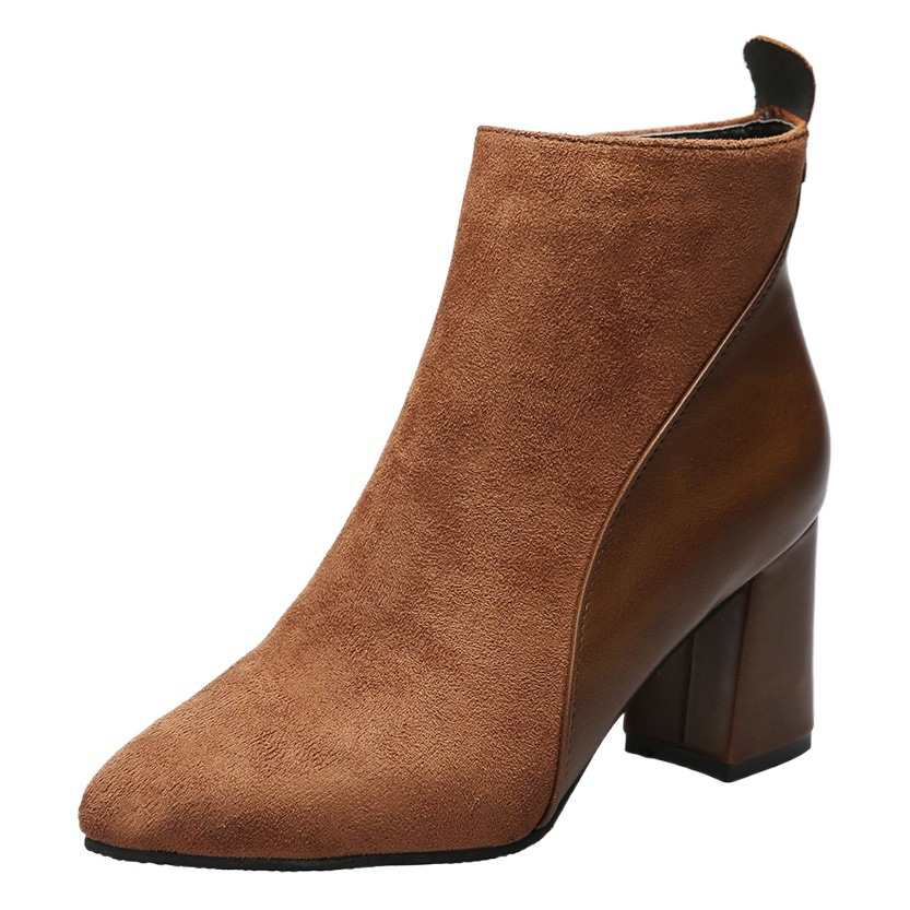 Botas de Tacón Alto para Mujer, Estilo Otoño 2025, Tacón Grueso, Cuero de Gamuza, Diseño de Parches, Cremallera Lateral, Punta en Pico, a la Moda