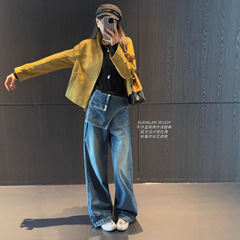 素心兰38183秋季2025新款网红潮流假两件设计宽松阔腿裤牛仔裤女