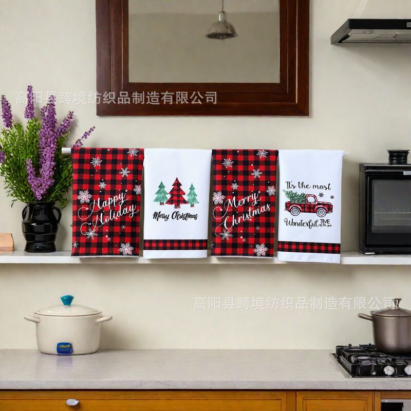 TEMU Xiyin ドロップシッピングクリスマススノーフレーク黒赤チェック柄マイクロファイバーピュアポリエステルキッチンティータオルディッシュタオル|undefined