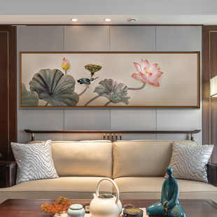 Pure hand-painted oil painting living room decorative painting bedroom bedside painting new Chinese lotus lotus flower simple background wall mural painting