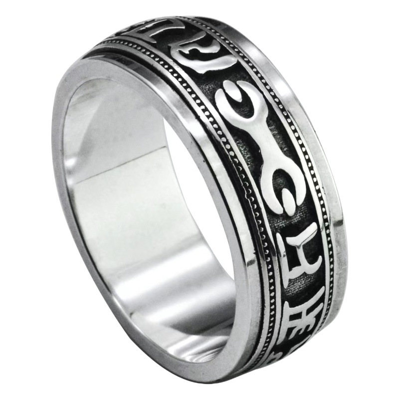 Stainless Steel Rotating Ring, Retro Six-Character Mantra, Cross-Border Rotating Titanium Steel Ring, Men's Personalized Wholesale Hand Jewelry