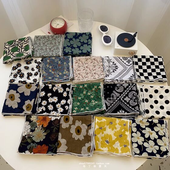 Cotton and Linen Square Scarf South Korea New Flower Floral Artistic Vintage Scarf Spring Summer and Autumn Decorative Hair Band Scarf Small Fresh