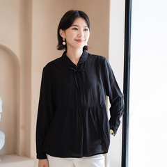 YUN韫文艺纯色双层单排扣长袖衬衫女简约秋装新款宽松显瘦衬衣