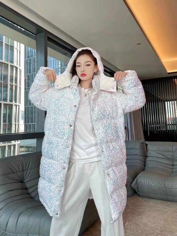 Mask color sequins velvet 90 velvet high collar hooded fashion bright eye down jacket wholesale