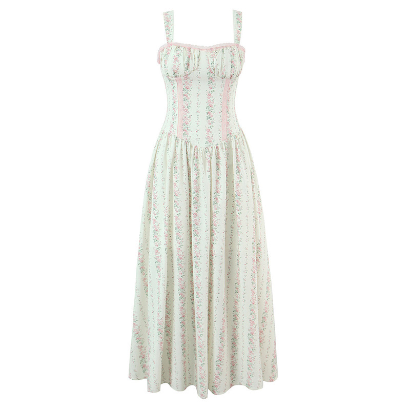 2026 New Sweet Floral Print Chic Sleeveless Long Dress Retro Lace Square Neck Slim Fit Vacation Dress