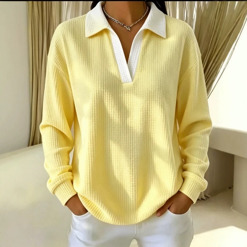 Waffle knit color-block long-sleeve polo shirt for women, drop-shoulder, loose fit, V-neck, women's clothing factory stock, elegant and suitable for work