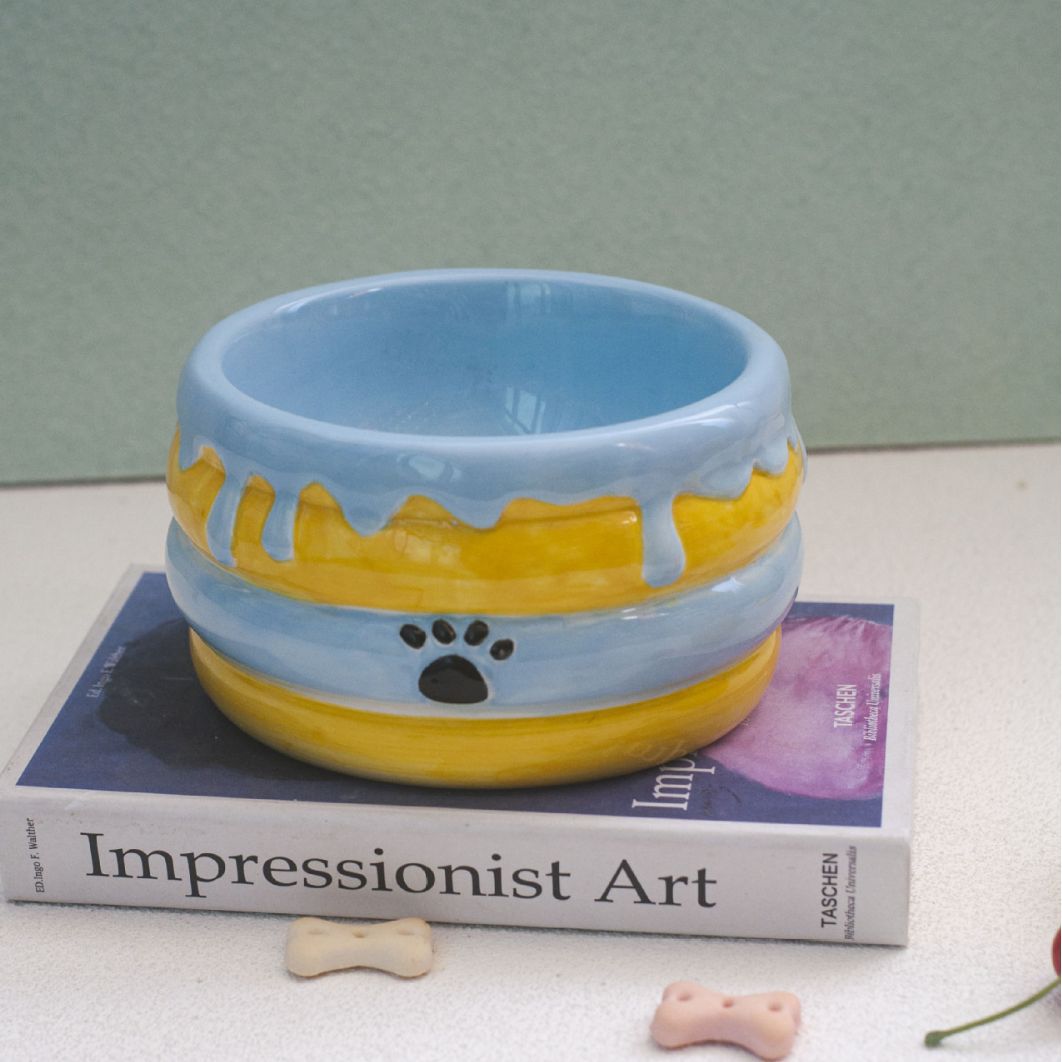 Miel olla pierna alta cerámica gato tazón anti-mascota tazón anti-golpe mascota agua potable protección columna cervical hecho a mano bajo vidriado