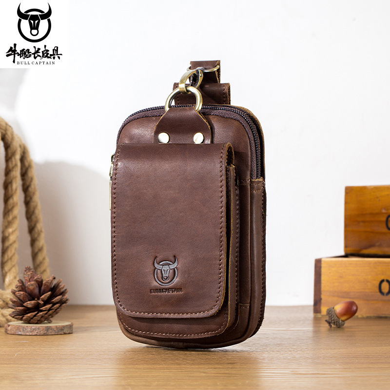 Captain Niu's head layer cowhide oil wax leather belt 4.5.5 inch mobile phone multi-function waist bag with cover head magnetic buckle bag