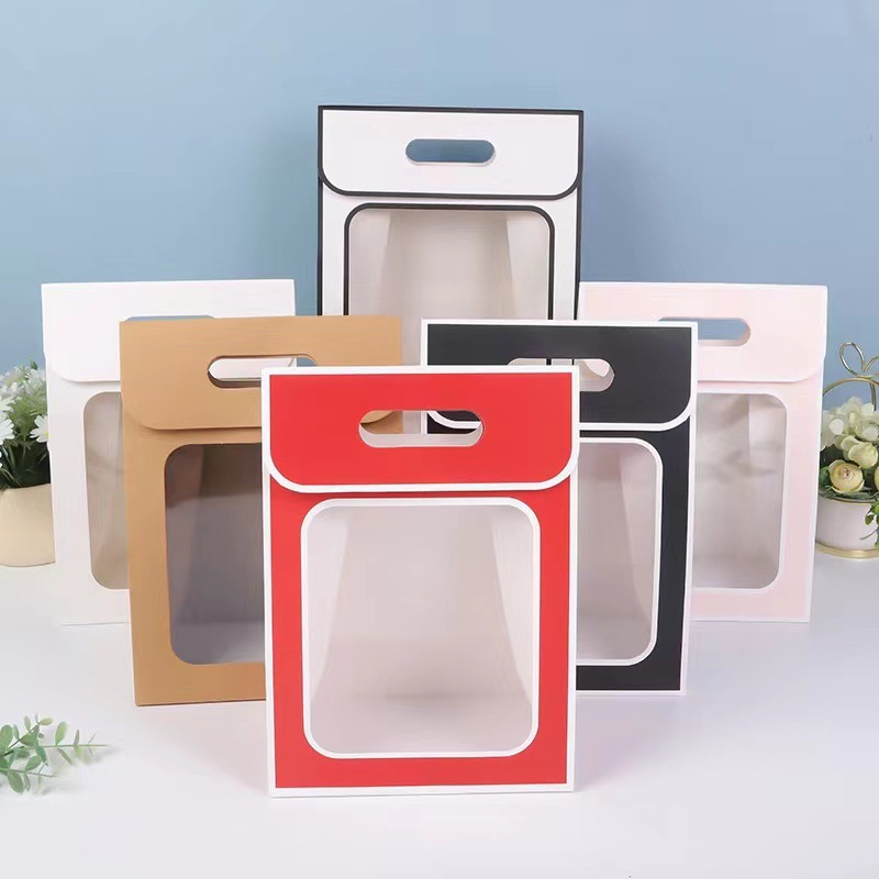 跨境现货透明翻盖橱窗手提袋简约开窗纸袋鲜花包装袋玩偶礼物纸袋