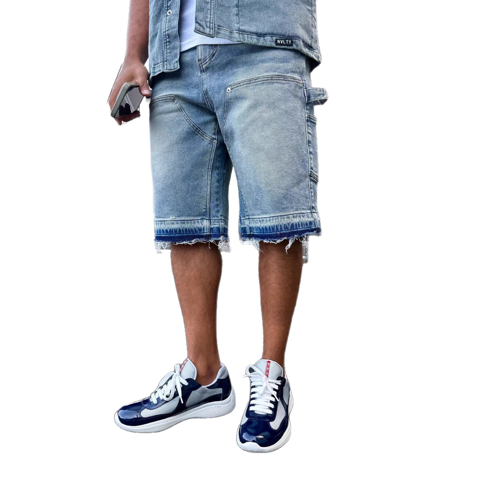 Men's Low Waist Loose Straight Leg Denim Shorts Blue Washed Raw Edge Casual Summer Shorts_mkmklike.com
