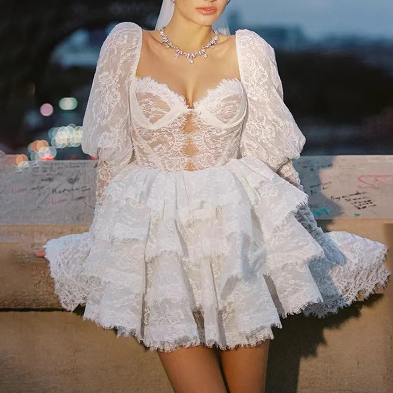 European and American Socialite Style Party Dress 2026 Summer New Heavy-Duty Puff Sleeve Strapless Embroidered Short Dress for Women