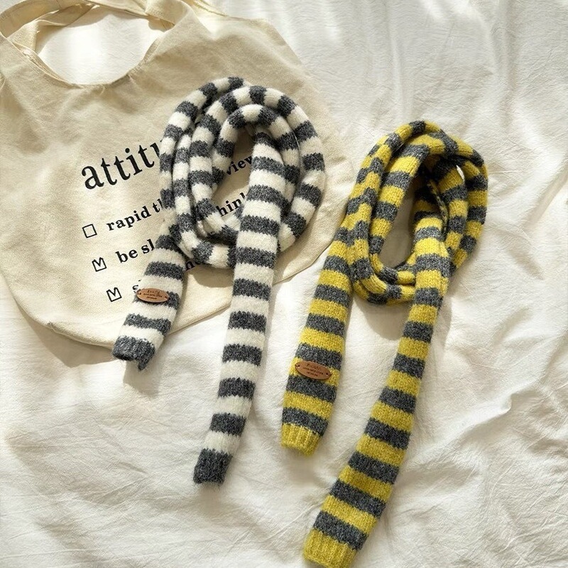 Korean-Style Long Striped Scarf for Men and Women, Japanese Versatile Dachshund Small Scarf, Knitted Color-Blocking Fashion Narrow Scarf Trend