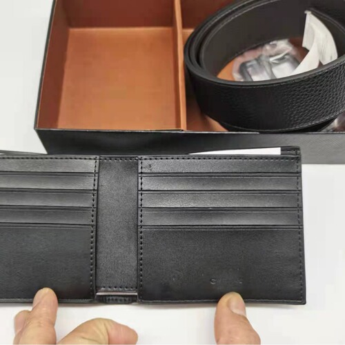 Men's printed short wallet money clip, men's waist belt, complete set with packaging, high-end three-piece set