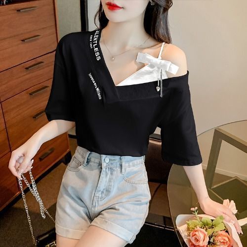 Women's Summer Short Sleeve T-Shirt with Elegant and Sensual V-Neck Shoulder-Strap Collage Design, Unique and Trendy, Indie Style