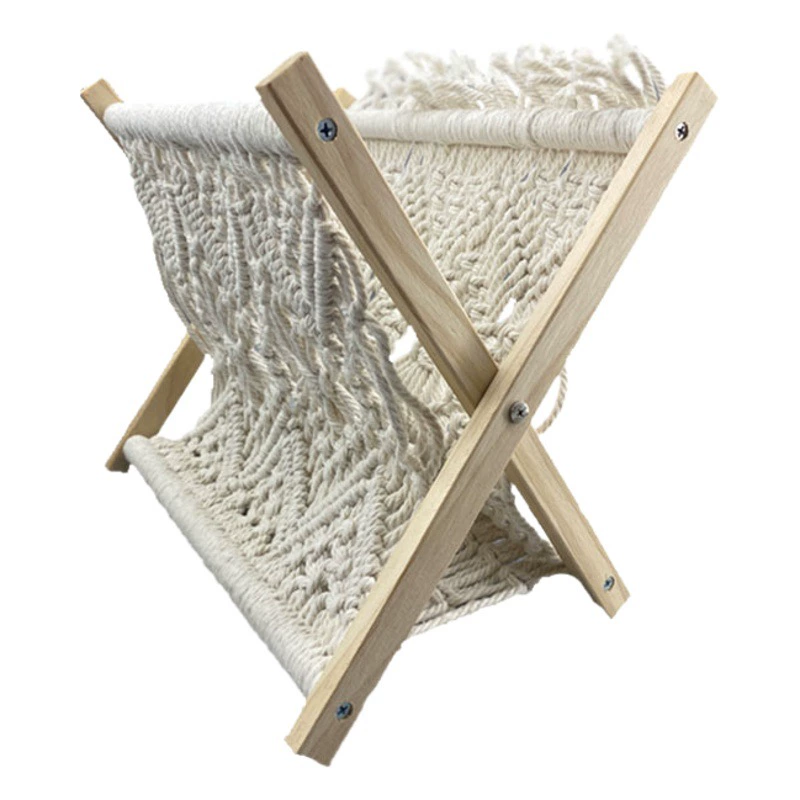 Стеллаж для журналов из хлопчатобумажной веревки в скандинавском стиле Богемный складной стеллаж для хранения из цельного дерева ручной работы