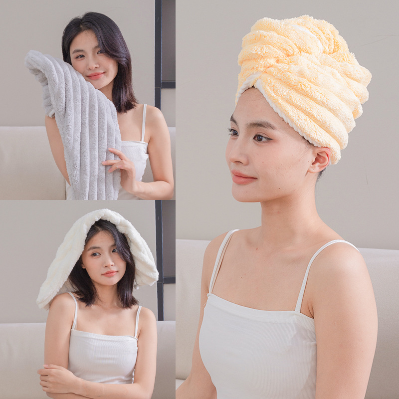 2024 trendy new coral velvet large straight stripe water-absorbing lint-free hair-drying cap