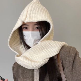 New Style Hat and Scarf Integrated Outer Wear Autumn and Winter Women's Knitted Hooded Dual-purpose Warm All-match Wool Shawl Scarf