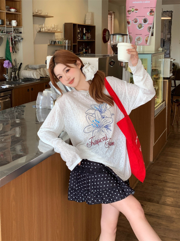 韓国スタイルのレイジーホワイトプリント長袖Tシャツレディースサマーデザインニッチルーズ薄手日焼け止めブラウストップ|undefined