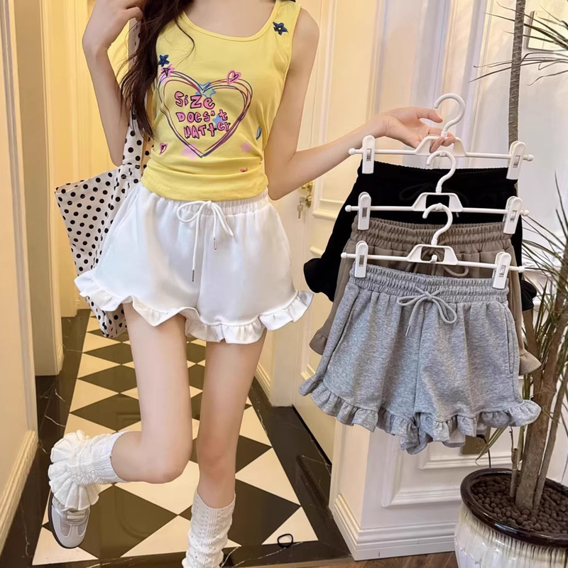 American Retro Style Ruffled Edge Shorts for Women, Summer High-Waisted Loose Lace Design Sporty Wide-Leg Casual Hot Pants