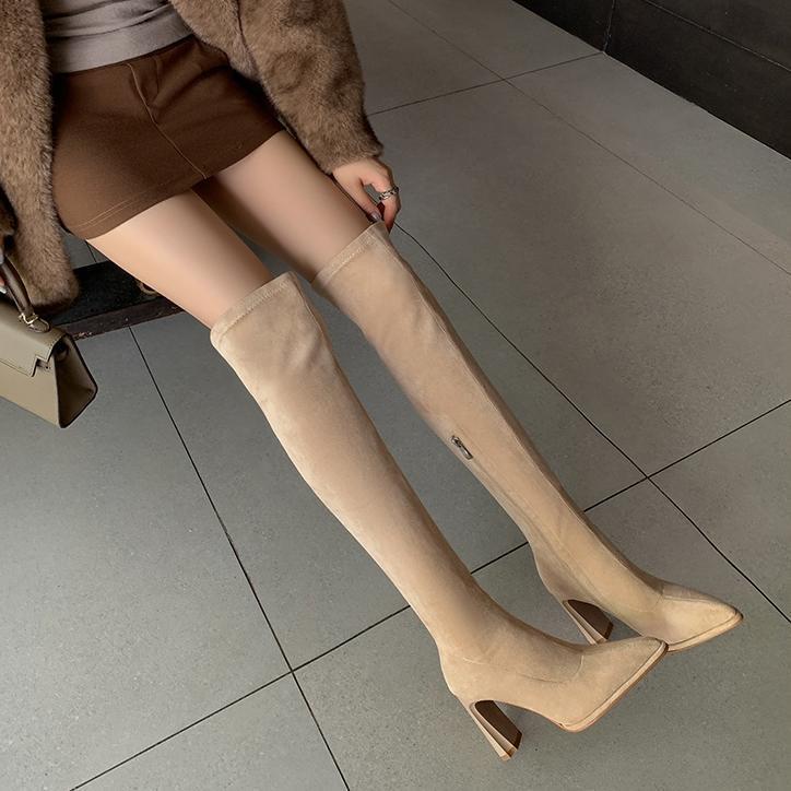 Long Legs ~ 9cm Pointed Toe Thick Heel Over-The-Knee Boots Autumn and Winter Suede High-Heeled Elastic Slim Boots Apricot Korean Style Long Boots