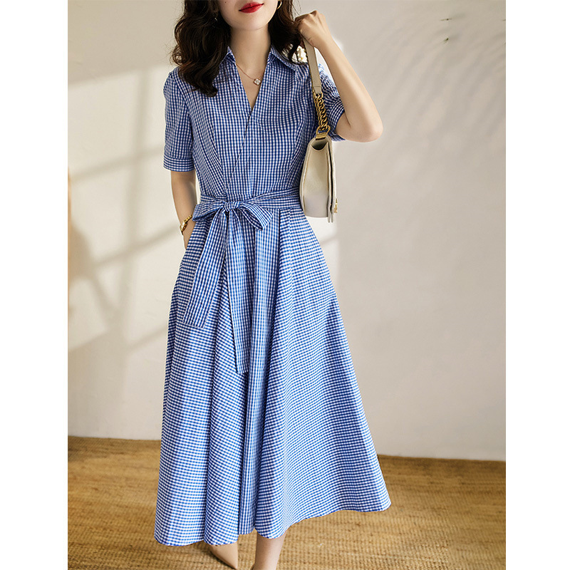 Plaid Shirt Dress 2026 Summer French Style Waist-Cinching Slimming Mid-Length Gentle Style Short-Sleeve V-Neck Dress