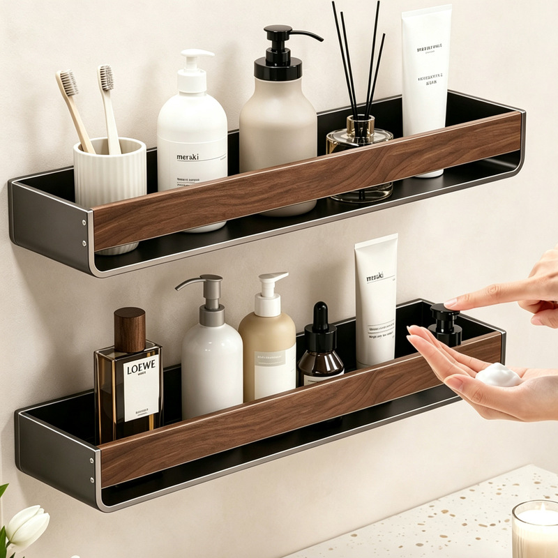 Walnut-colored bathroom shelf, wall-mounted, no-drill required, for bathroom, toilet, washbasin, towel rack, and cosmetics storage Walnut-colored bathroom shelf, wall-mounted, no-drill required, for bathroom, toilet, washbasin, towel rack, and cosmetics storage