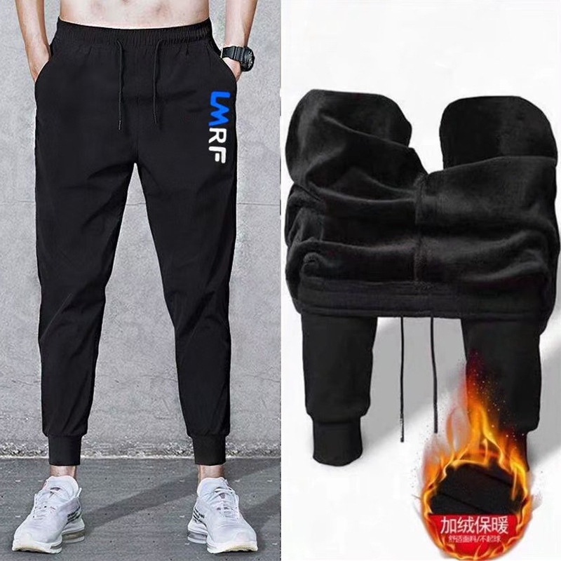Men's summer thin black jogger pants, tapered ankle, sports pants, student style, autumn/winter fleece-lined long pants, men's casual pants