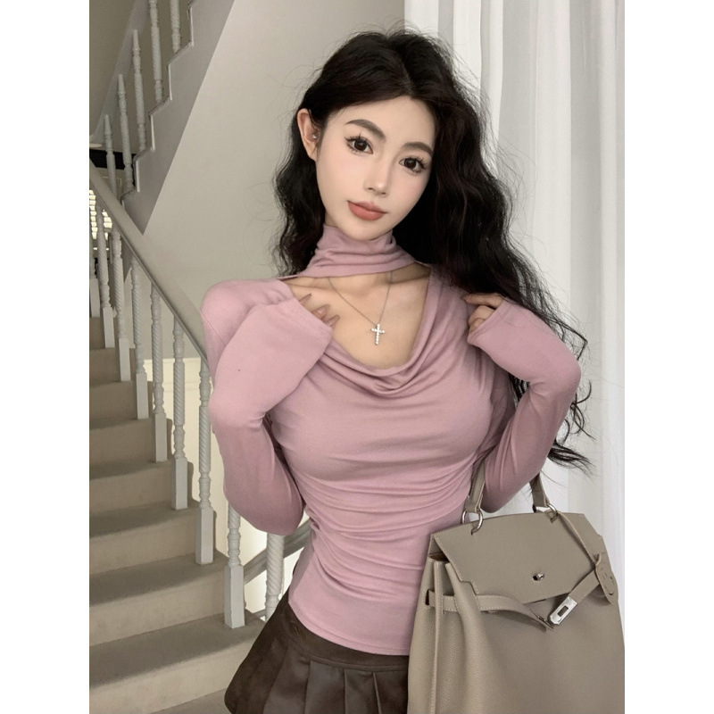 Autumn Korean Style Girlfriend's Gentle and Pure Lust Style Hollow Design Long-Sleeved T-Shirt for Hot Girls to Wear Inside and Outside