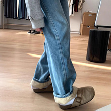 冬季加绒加厚直筒牛仔裤女2025年大码胖mm高腰宽松显瘦窄版阔腿裤