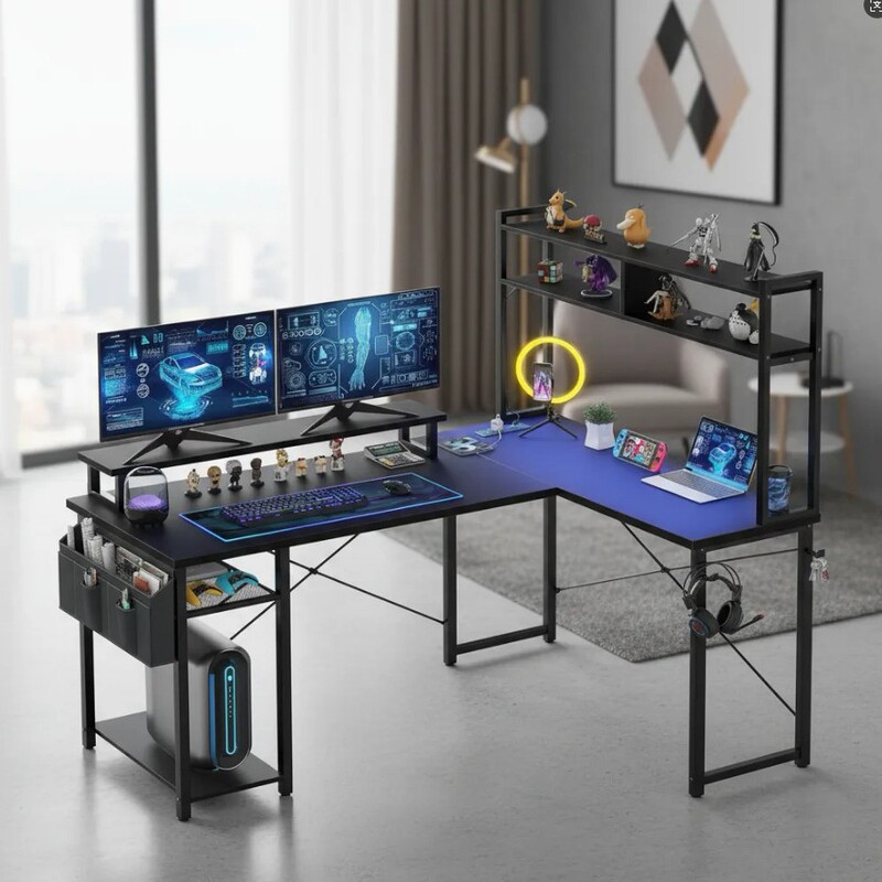 Cross-Border L-Shaped Computer Desk Corner Desk with Led Display and Storage Space
