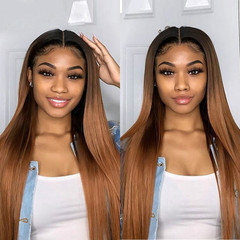 Cross-border e-commerce European and American women's black gradient wine red middle-part long straight synthetic hair wig supports dropshipping