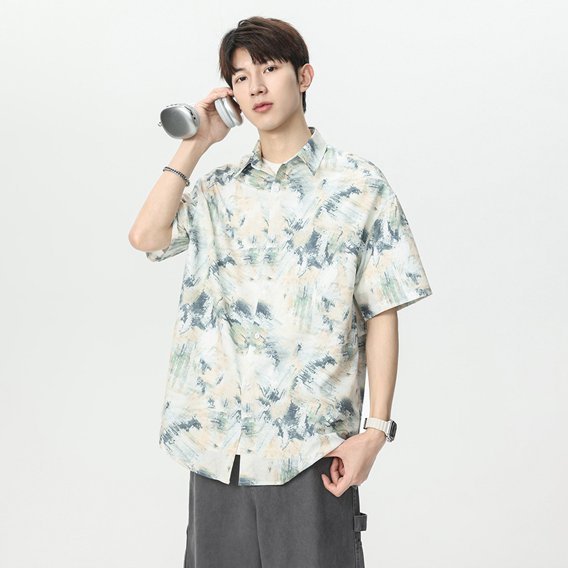 Tie-Dye Short-Sleeved Shirt Men's Summer New Trendy Brand Loose Lapel Half-Sleeved Shirt Boys Youth Trendy Tops