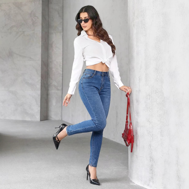 Women's Mid-Blue High-Waisted Skinny Jeans, Slim-Fit Stretchy Pencil Pants for Everyday Wear Women's Mid-Blue High-Waisted Skinny Jeans, Slim-Fit Stretchy Pencil Pants for Everyday Wear