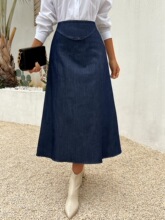 F 14213 Deep Blue Midi Denim Skirt ����ţ�а���ȹ ����
