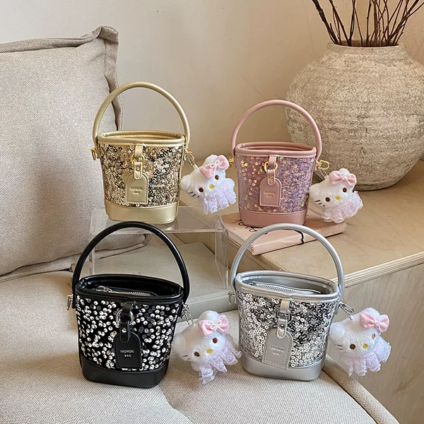 Children's bag Korean style fashion sequin bucket bag for boys and girls, stylish mini cat pendant accessory bag for little girls