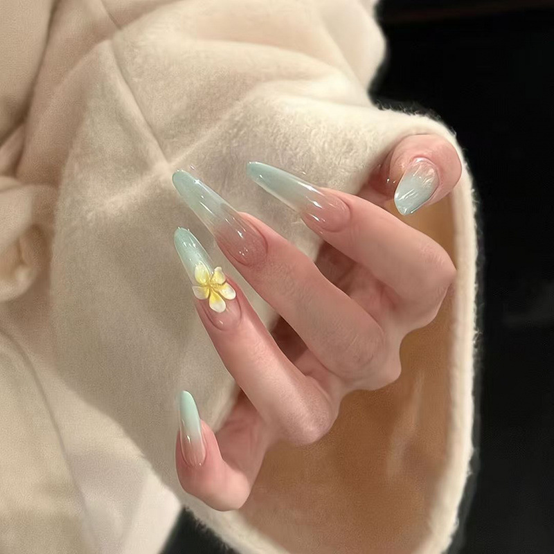 Spring and Summer Vacation Style Mint Green Gradient Manicure Wearable Nails Long Style That Enhance Complexion with a High-End Feel and 3D Plumeria Nail Stickers Spring and Summer Vacation Style Mint Green Gradient Manicure Wearable Nails Long Style That Enhance Complexion with a High-End Feel and 3D Plumeria Nail Stickers