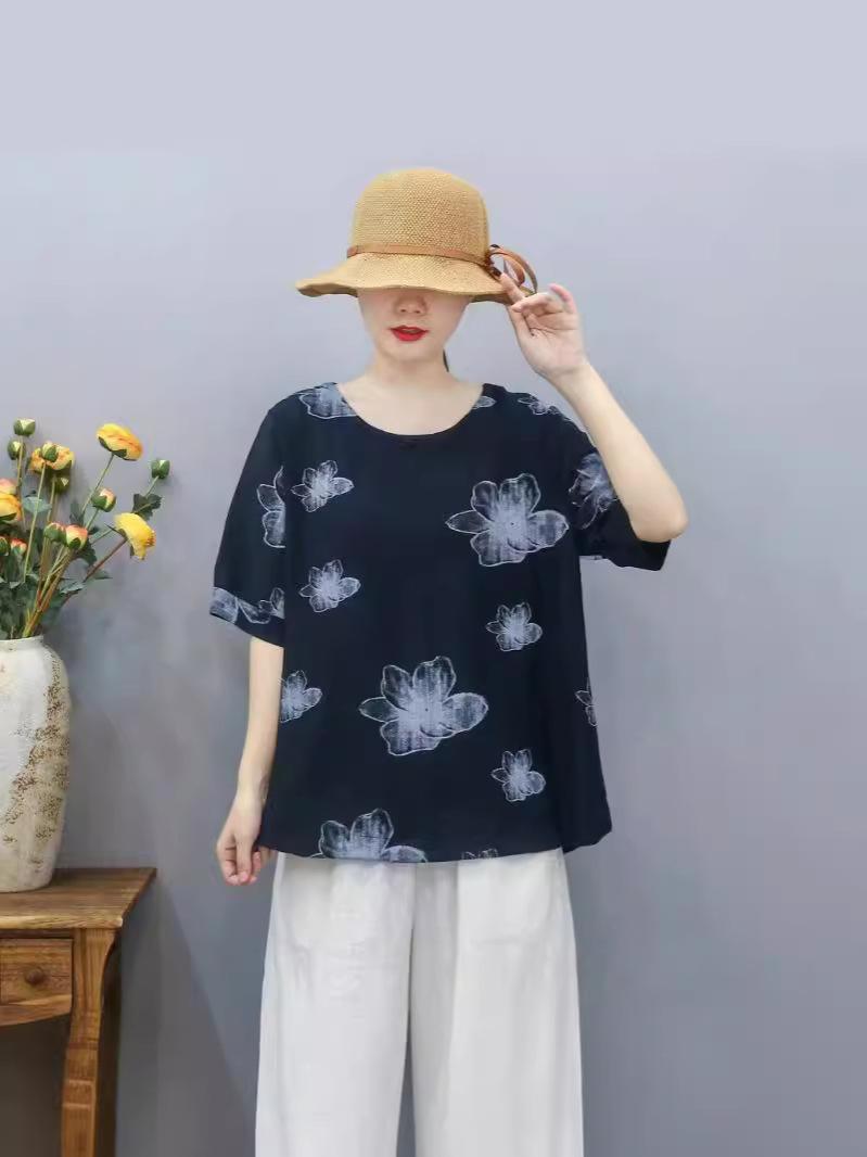 Nueva camiseta de mujer de estilo chino suelta impresa de manga corta para mujer camisa de fondo de verano Jersey cuello redondo artístico casual image 6