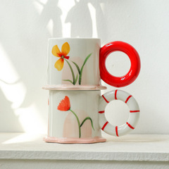 Hand-painted Underglaze Blue Ceramic Cup with Cute Big Handle, Fresh Floral Design, Office Mugs