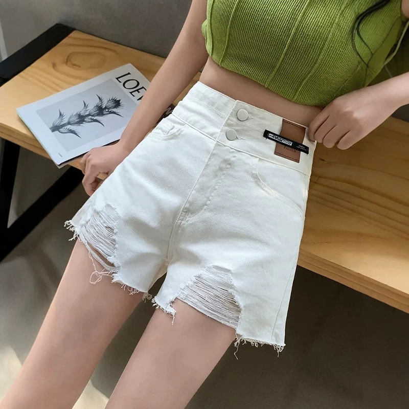 2026 White Distressed Denim Shorts for Women, Summer Plus-Size Loose Wide-Leg High-Waisted Slimming Frayed Hem Hip-Hugging Hot Pants