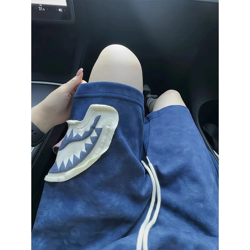 Navy Blue Patch Shark Mouth Shorts Men's Summer Loose Breathable Straight Pants Casual Sports Pants