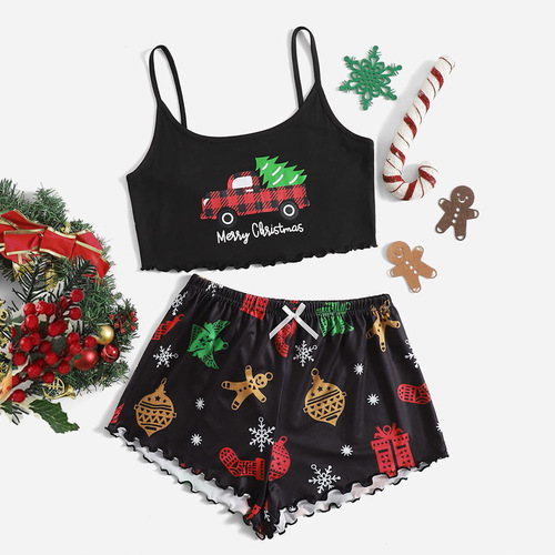 Women's Summer Christmas Pajamas: Strappy Vest and Shorts Set with Snowflakes and Little Deer—Two-Piece Home Wear in European and American Style