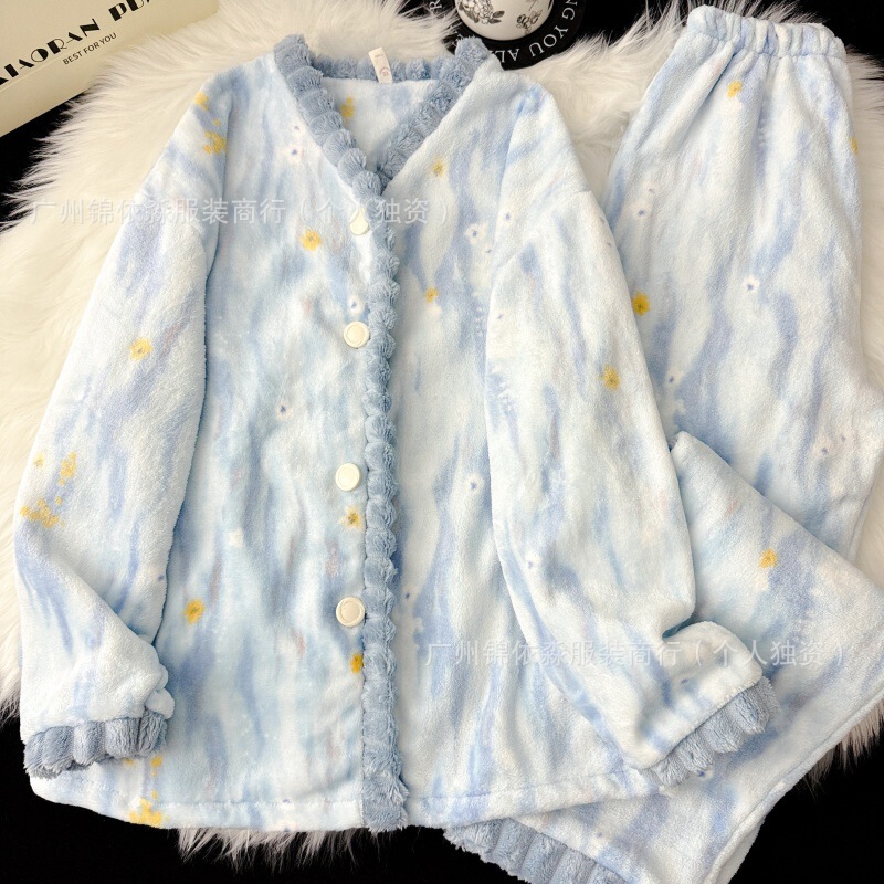 Pink Flower Pajamas for Women Winter Flannel Cardigan High-End Sweet Coral Velvet Warm Small Home Clothes