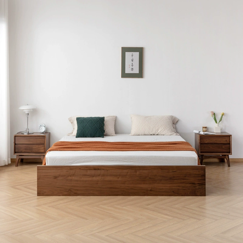 Скандинавская двуспальная кровать с черным орехом Современная простая легкая кровать без спинки Роскошная двуспальная кровать без изголовья Татами