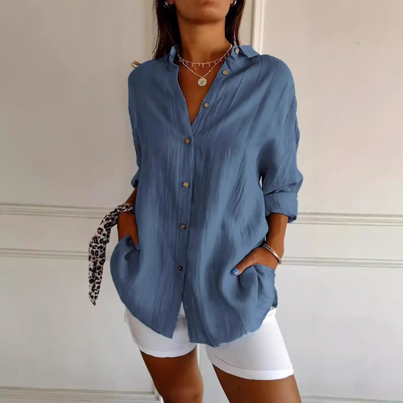 2024 New Single-breasted Pleated Lapel Shirt Independent Station Explosions Women's Solid Color European and American Sleeve Top