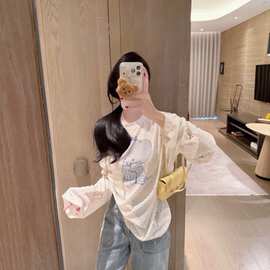 2026早秋新款女装时尚甜美波点蝴蝶结大象烫钻宽松长袖T恤衫上衣